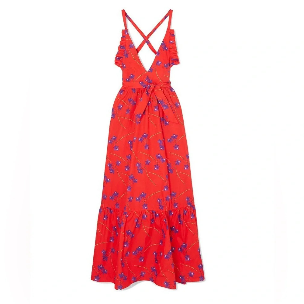 Borgo de Nor Violetta Red Floral Maxi Dress Ruffle Halter Backless Sz 10 US 4-6